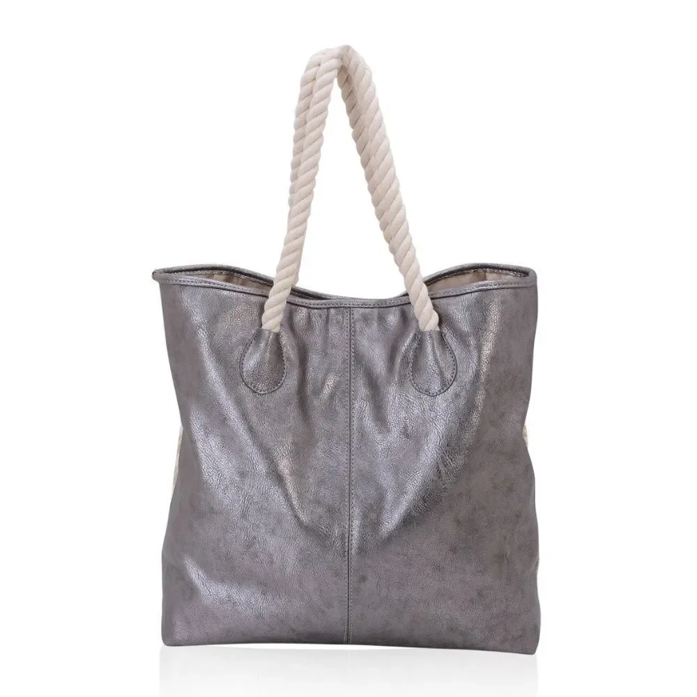 J FRANCIS Tote Bag Silver and Ivory Faux Leather